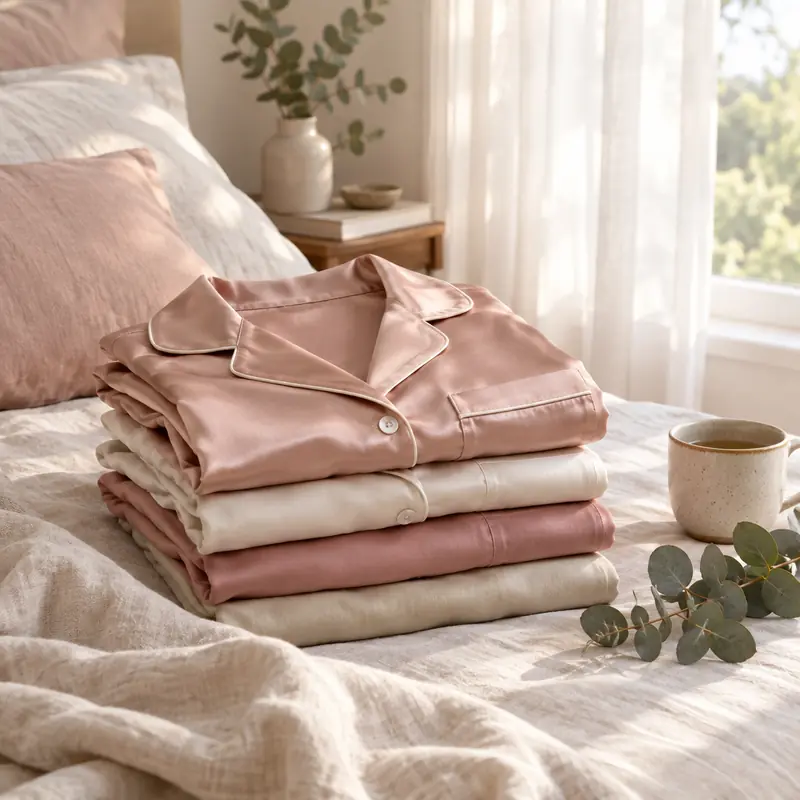 Folded silk and modal pajamas styled on a linen-covered bed