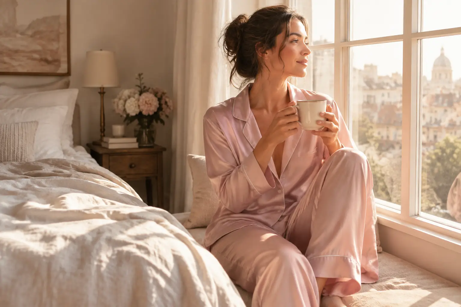 Woman in a silk pajama set enjoying a slow morning coffee by a sunlit window