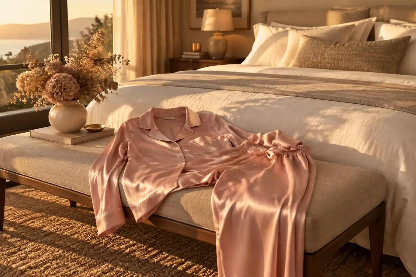 Stack of folded silk pajamas in soft morning light